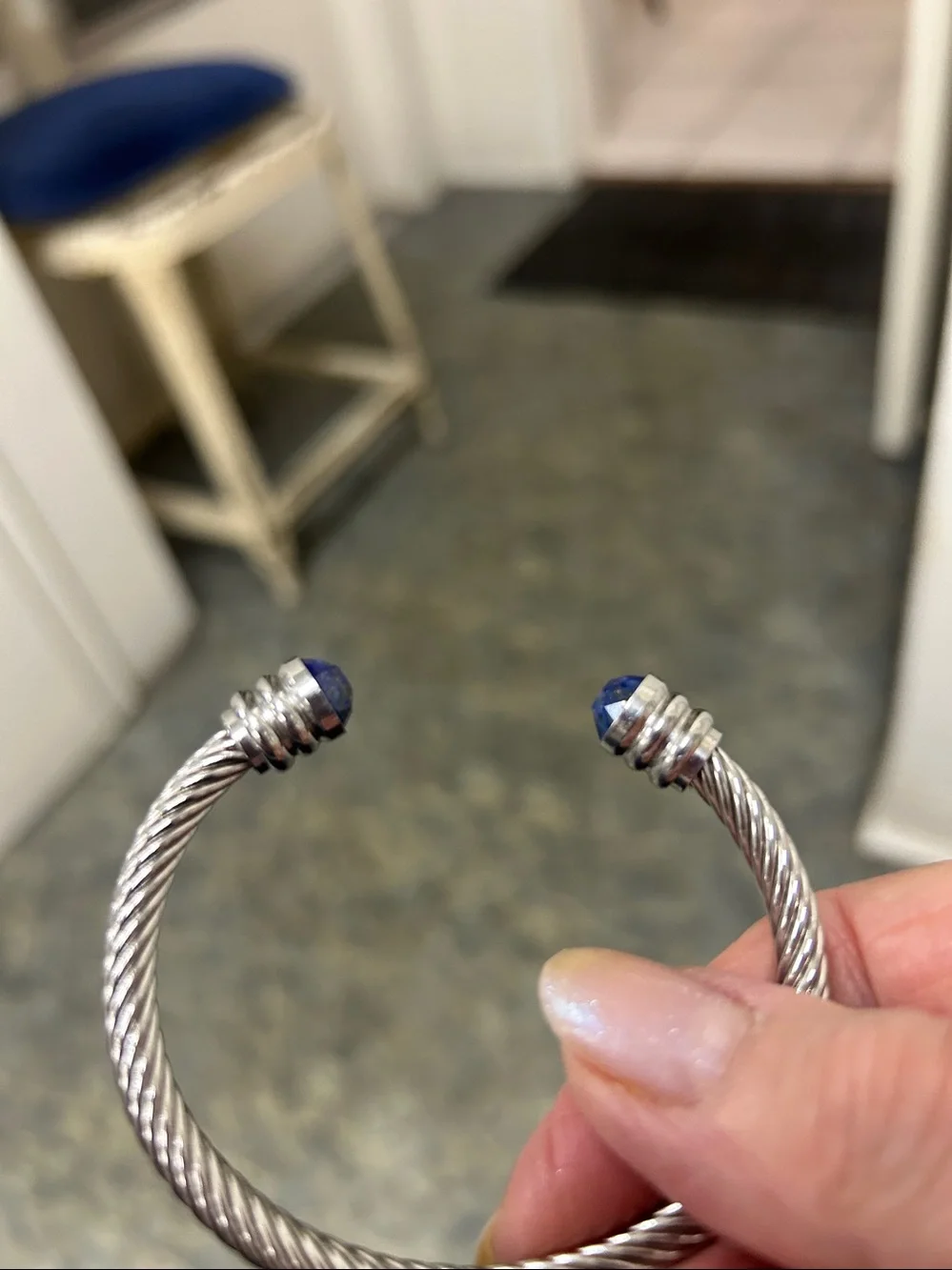Stainless Silver tone, genuine, gemstone, Open Cuff Bracelet with Blue Lapis